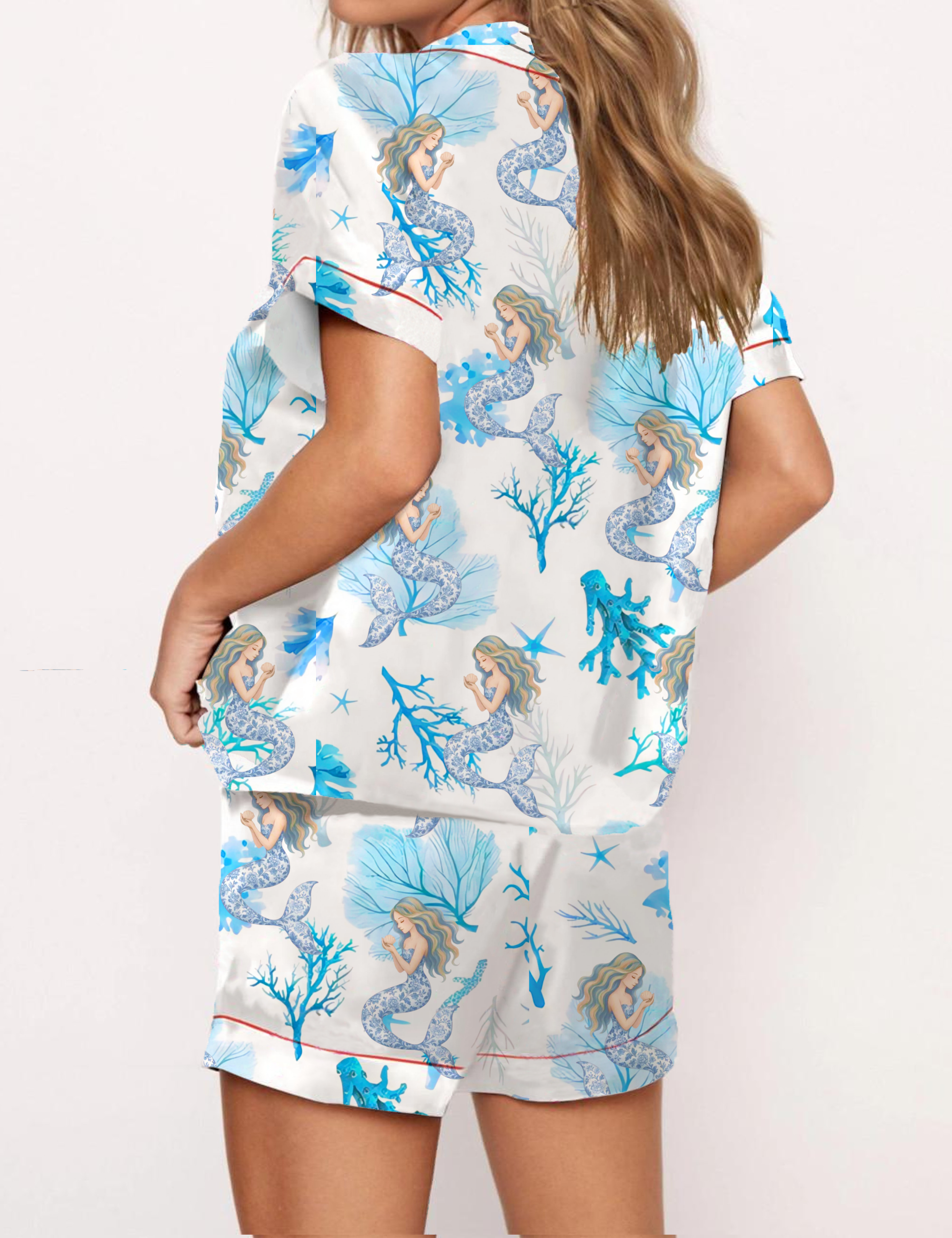 Mermaid Toile Silky Satin Pajama Short Set For Women