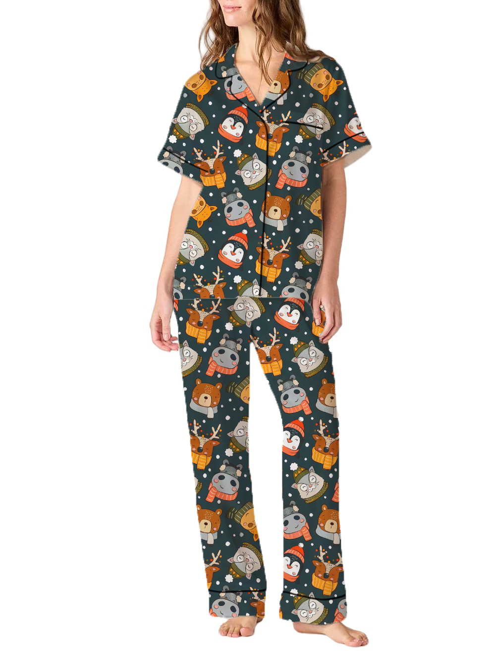 Christmas Cartoon Animals Satin Pajama Pants Set For Women