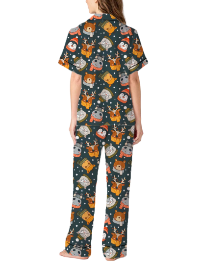 Christmas Cartoon Animals Satin Pajama Pants Set For Women