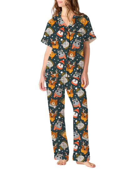 Christmas Cartoon Animals Satin Pajama Pants Set For Women