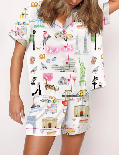New York City Silky Satin Pajama Short Set For Women