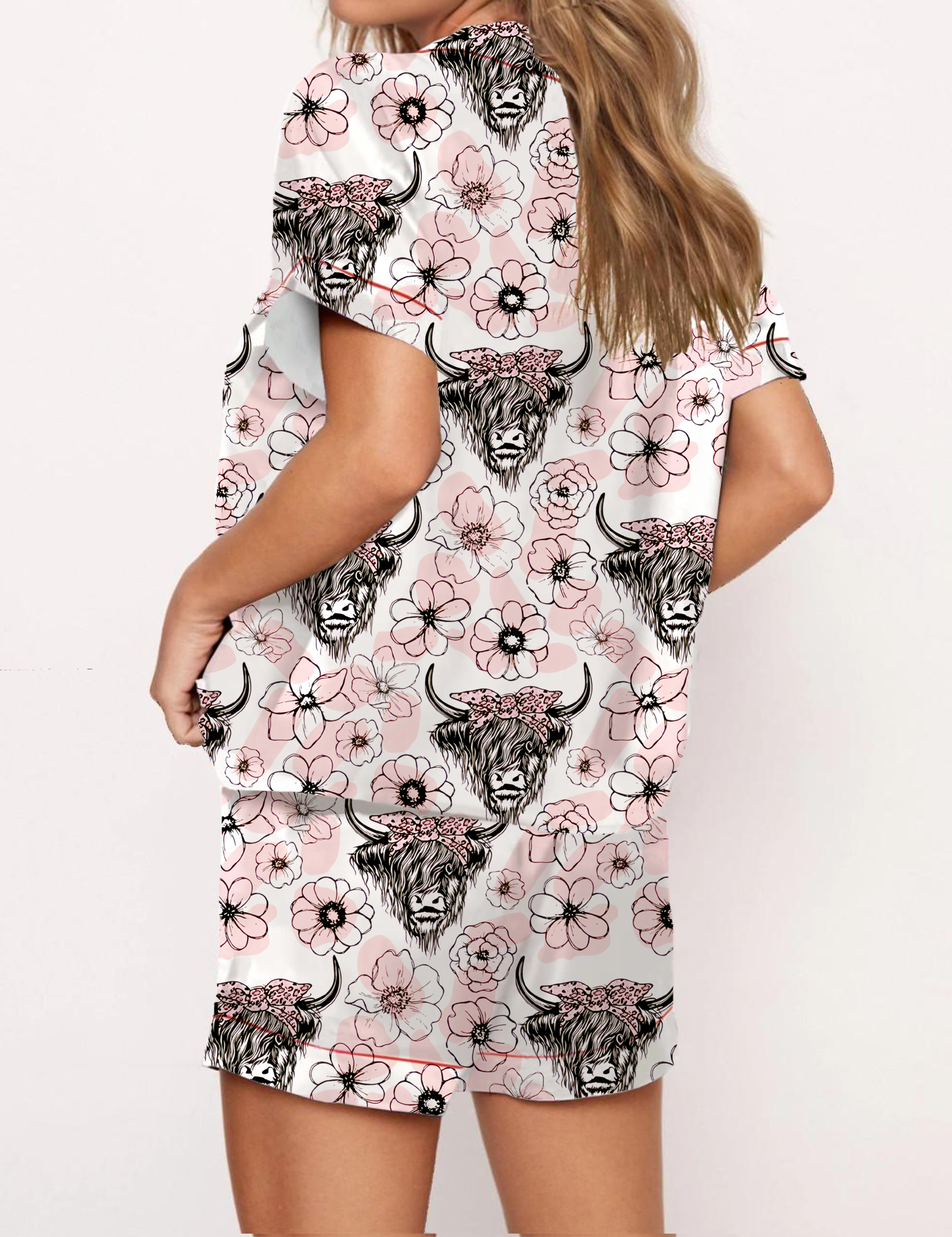 Higland Cow Silky Satin Pajama Short Set For Women