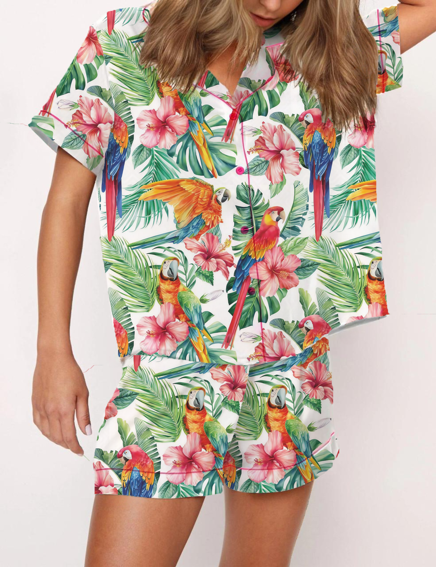 Floral Parrot Silky Satin Pajama Short Set For Women