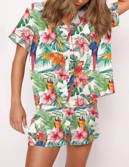 Floral Parrot Silky Satin Pajama Short Set For Women