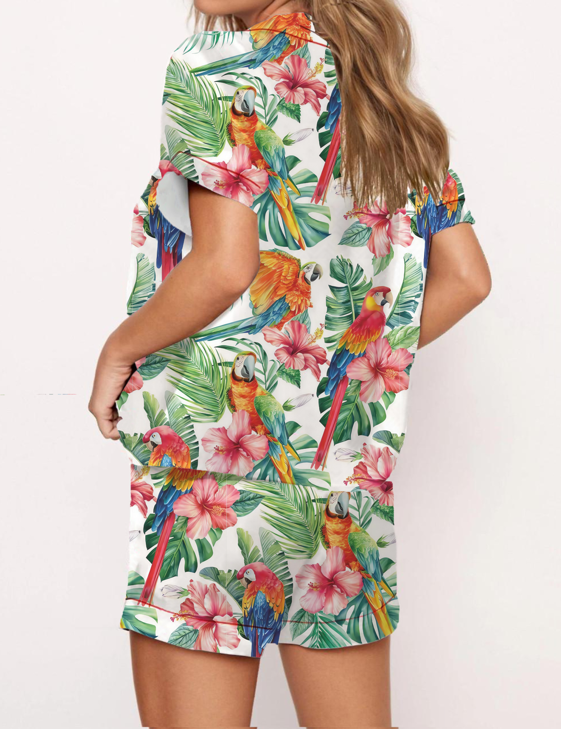 Floral Parrot Silky Satin Pajama Short Set For Women