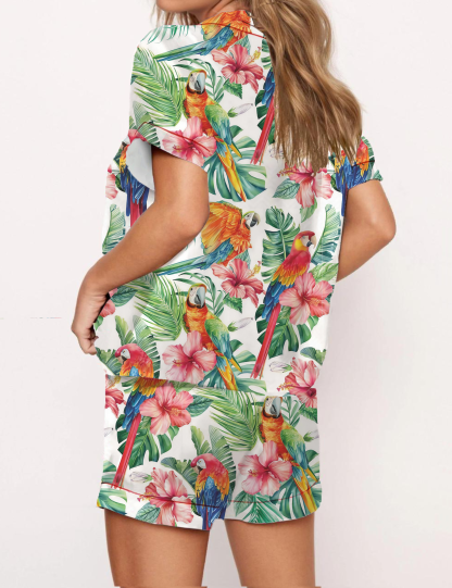 Floral Parrot Silky Satin Pajama Short Set For Women