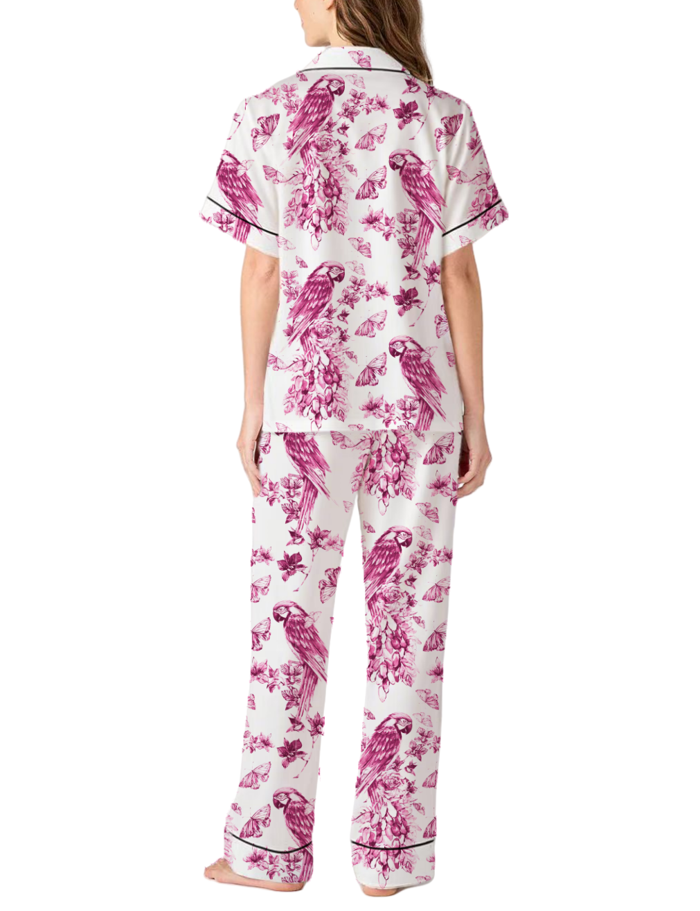 Floral Parrot Toile Satin Pajama Pants Set For Women
