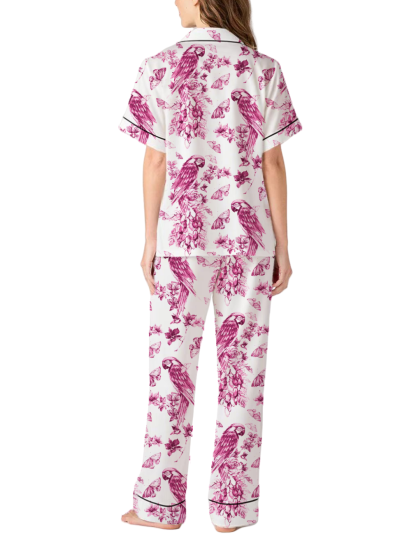 Floral Parrot Toile Satin Pajama Pants Set For Women