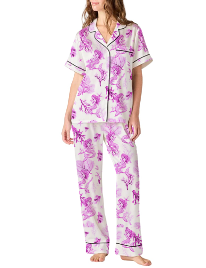 Mermaid Toile Satin Pajama Pants Set For Women