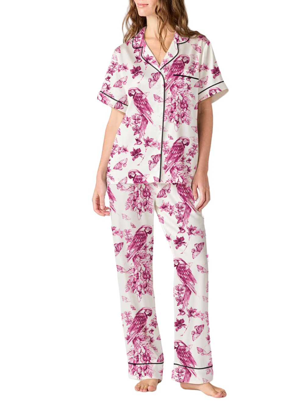 Floral Parrot Toile Satin Pajama Pants Set For Women