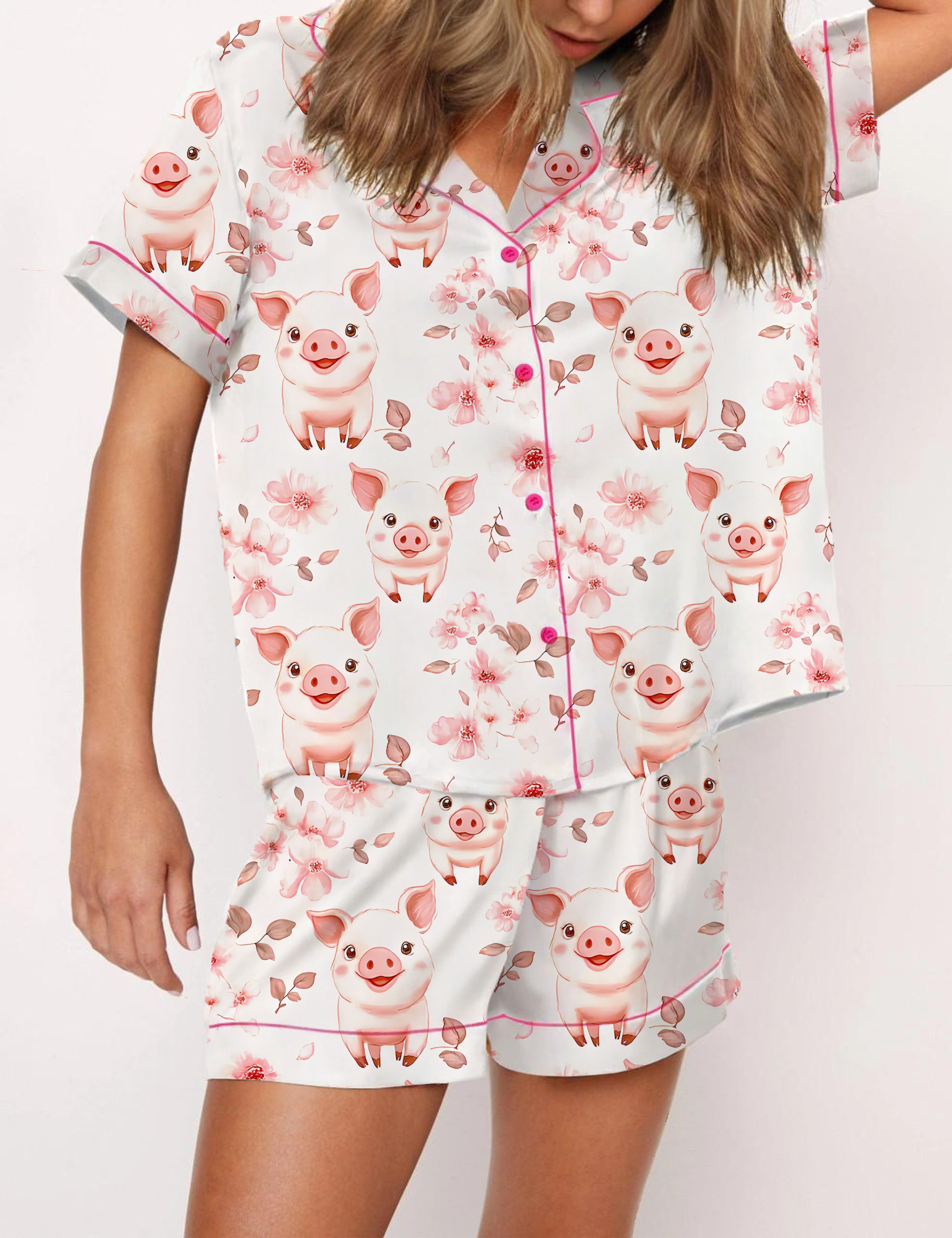Floral Pink Pig Silky Satin Pajama Short Set For Women