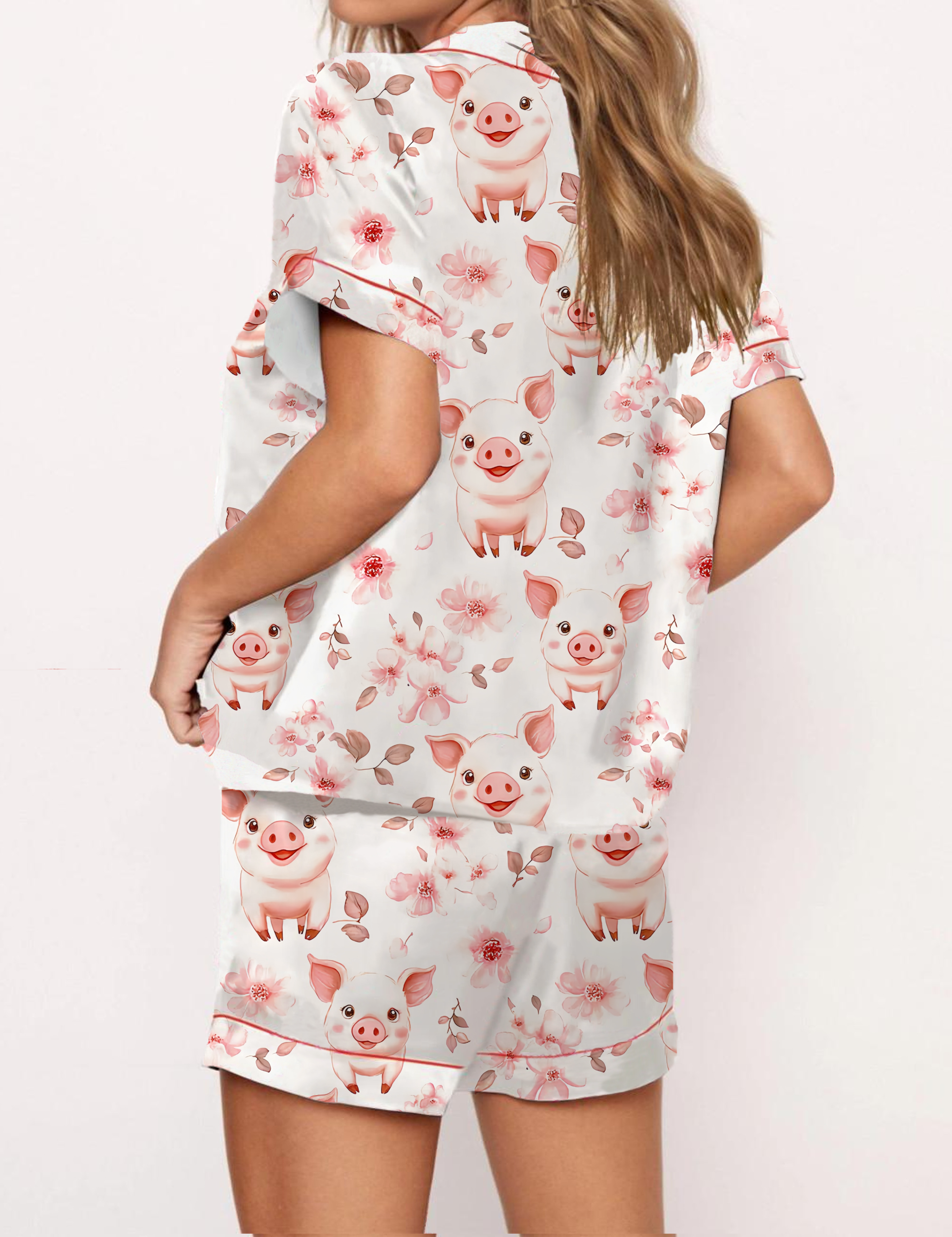 Floral Pink Pig Silky Satin Pajama Short Set For Women