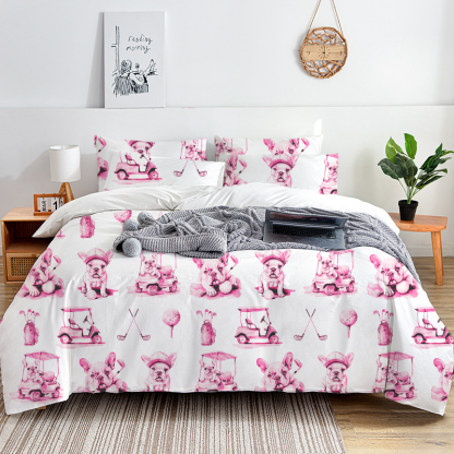 French Bulldogs Golf Toile 100% Cotton Duvet Cover Set  King Twin Comforter Queen Bedding for Guest Room with Hidden Zipper Closure 3Pcs