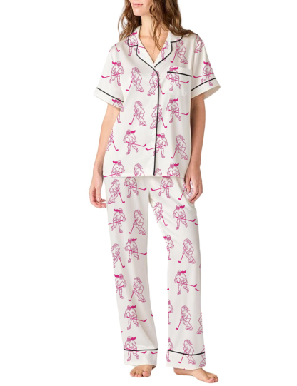Ice Hockey Silky Satin Pajama Pants Set For Women