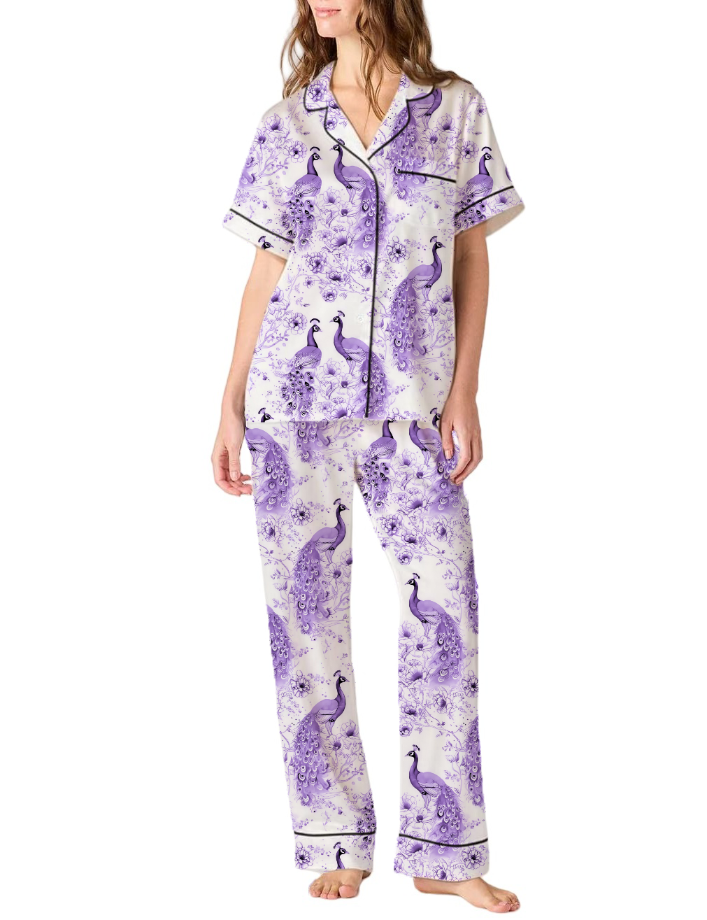 Peacock Toile Satin Pajama Pants Set For Women