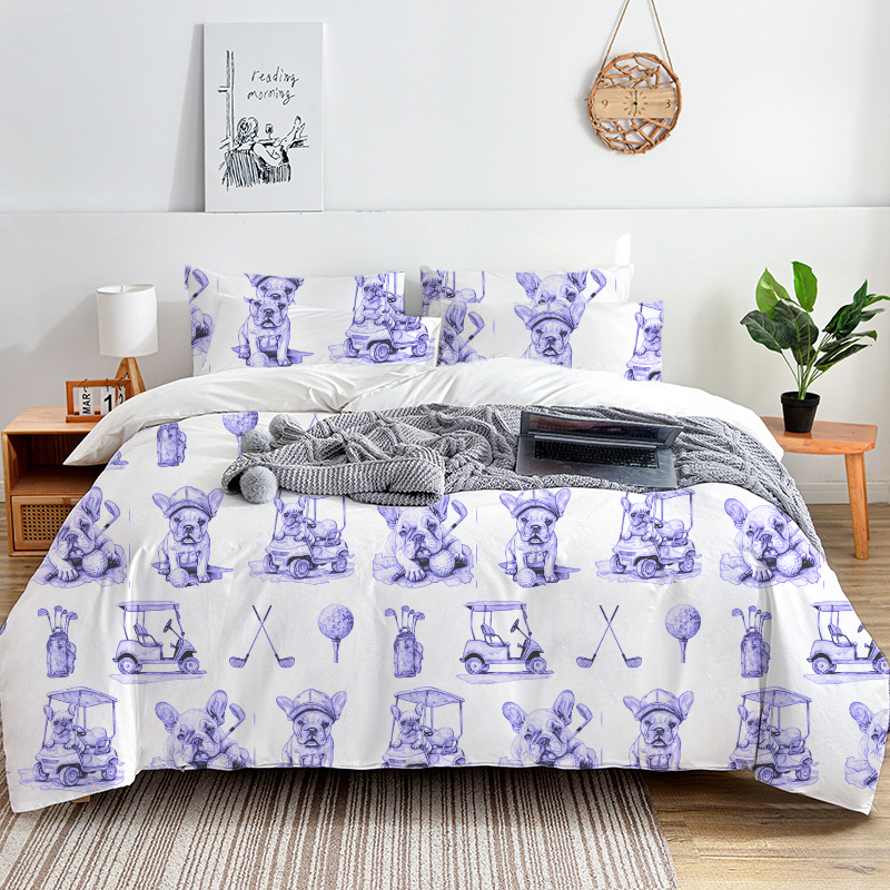 French Bulldogs Golf Toile 100% Cotton Duvet Cover Set  King Twin Comforter Queen Bedding for Guest Room with Hidden Zipper Closure 3Pcs