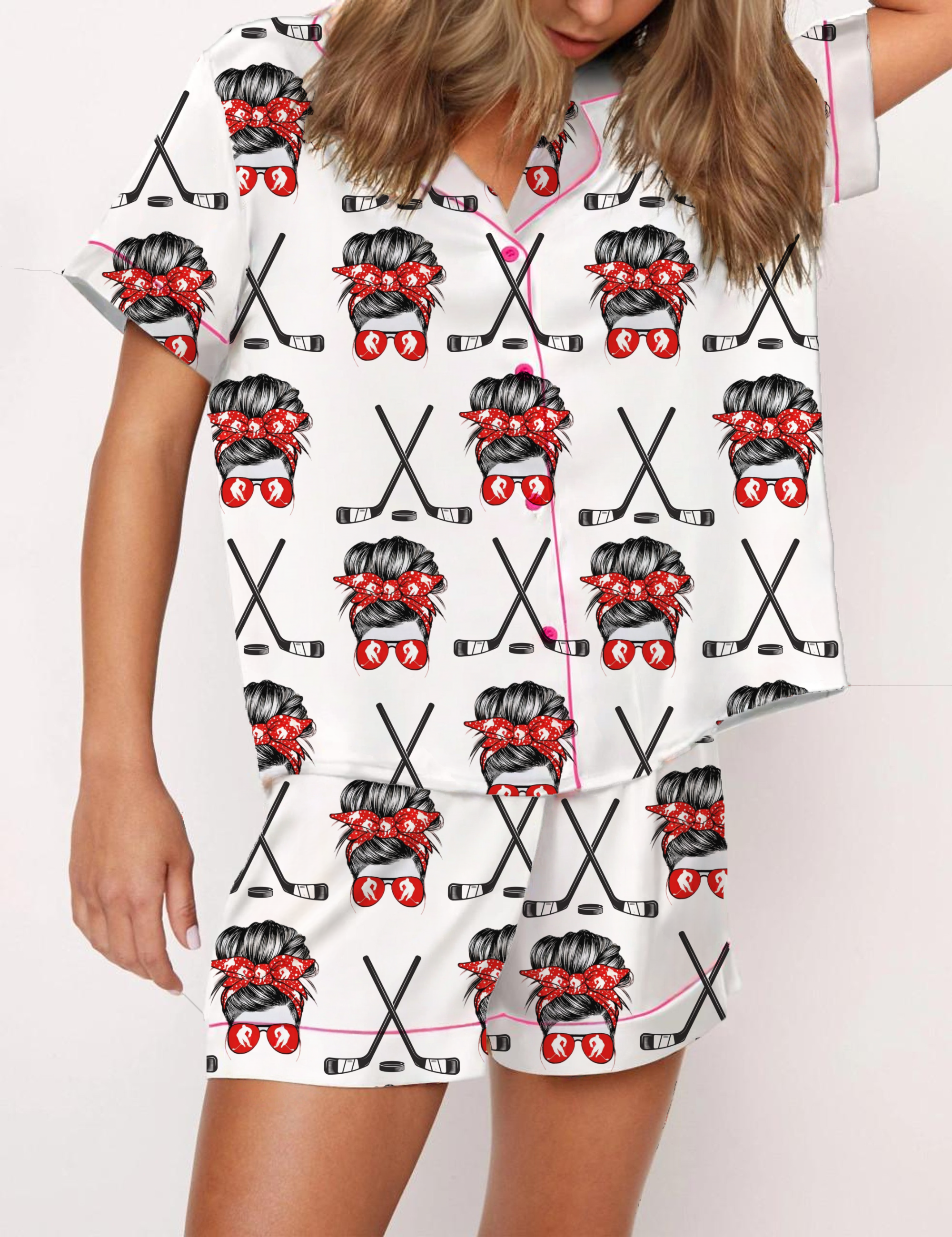Girl Ice Hockey Silky Satin Pajama Short Set For Women