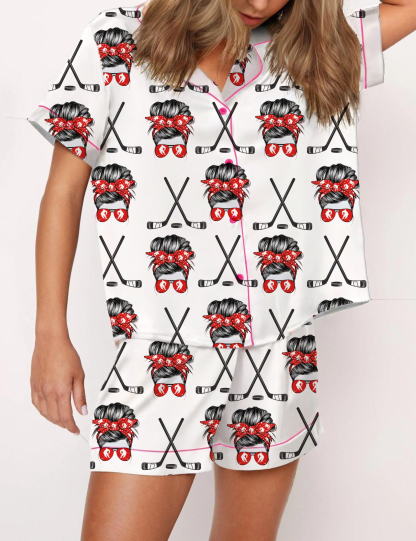 Girl Ice Hockey Silky Satin Pajama Short Set For Women