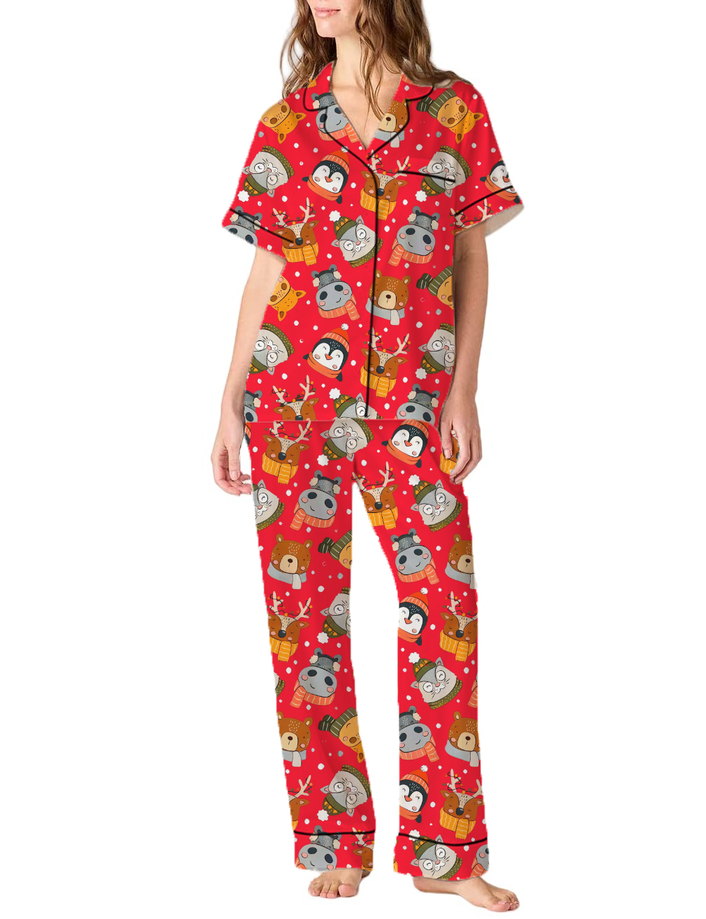 Christmas Cartoon Animals Satin Pajama Pants Set For Women