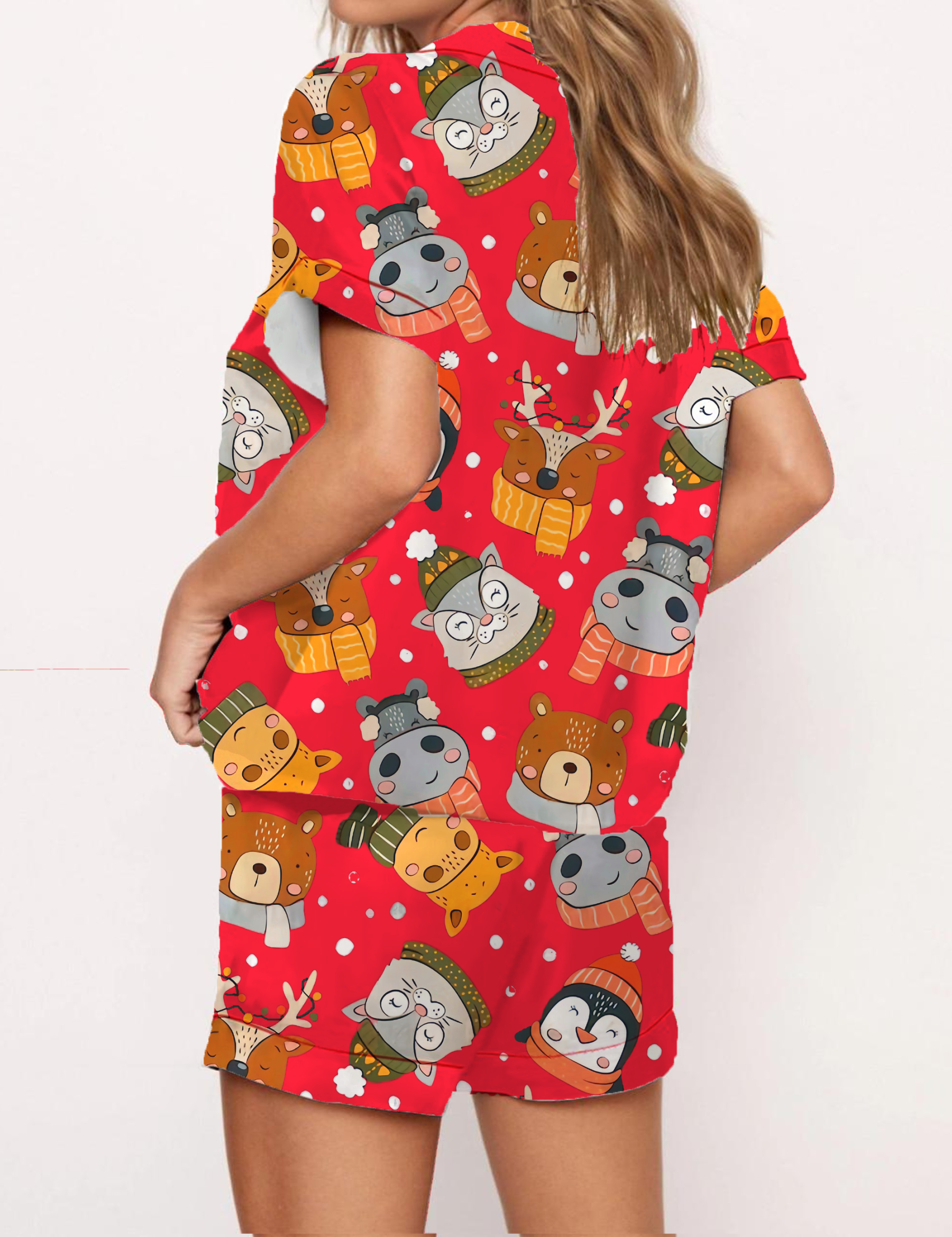 Christmas Cartoon Animals Silky Satin Pajama Short Set For Women