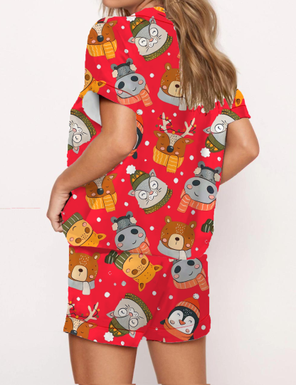 Christmas Cartoon Animals Silky Satin Pajama Short Set For Women