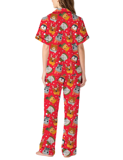 Christmas Cartoon Animals Satin Pajama Pants Set For Women
