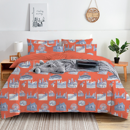 Chicago Toile 100% Cotton Duvet Cover Set  King Twin Comforter Queen Bedding for Guest Room Toile de Jouy with Hidden Zipper Closure 3Pcs