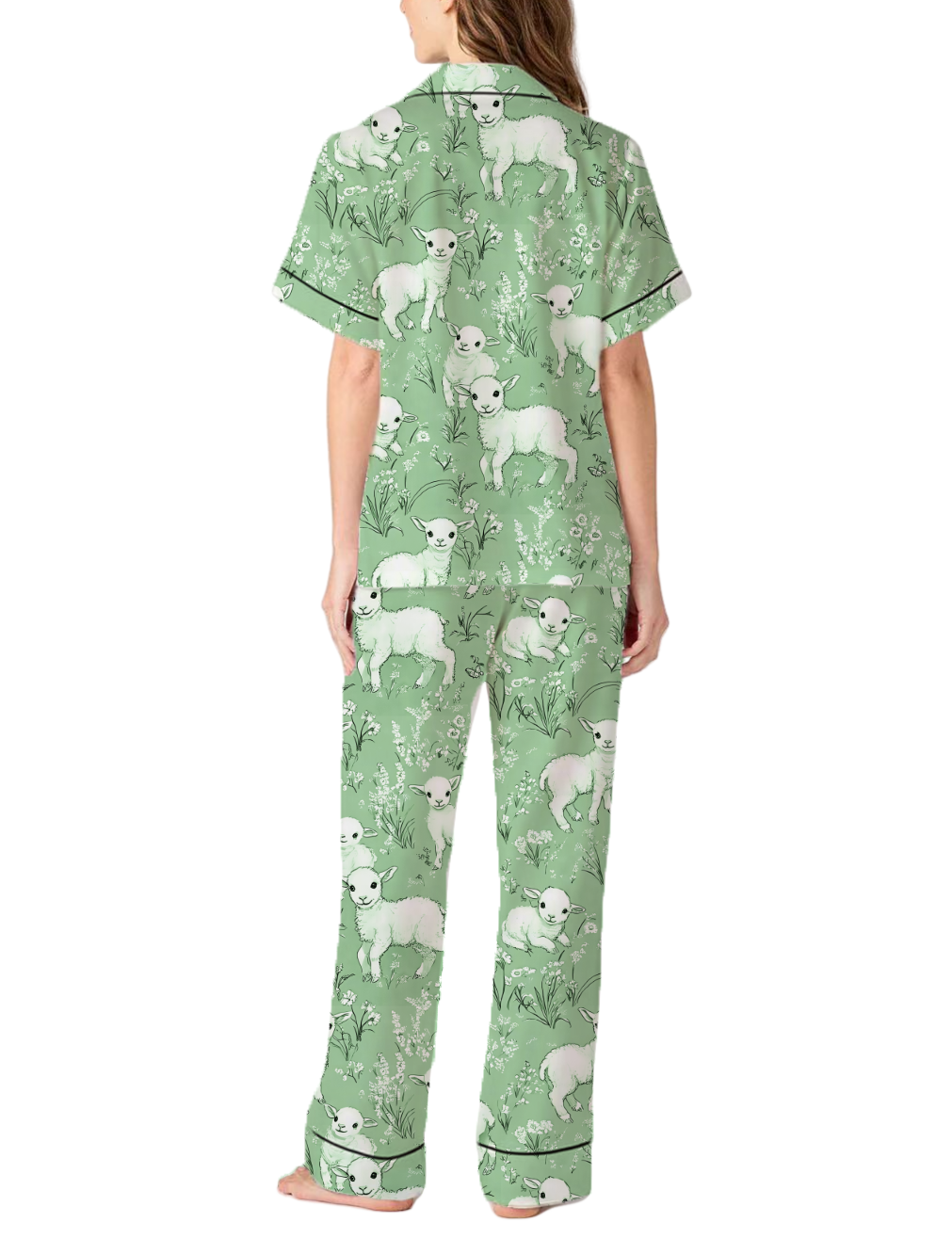 Cute Sheep Animal With Floral Pastoral Toile Satin Pajama Pants Set For Women