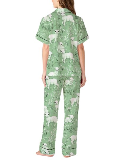 Cute Sheep Animal With Floral Pastoral Toile Satin Pajama Pants Set For Women