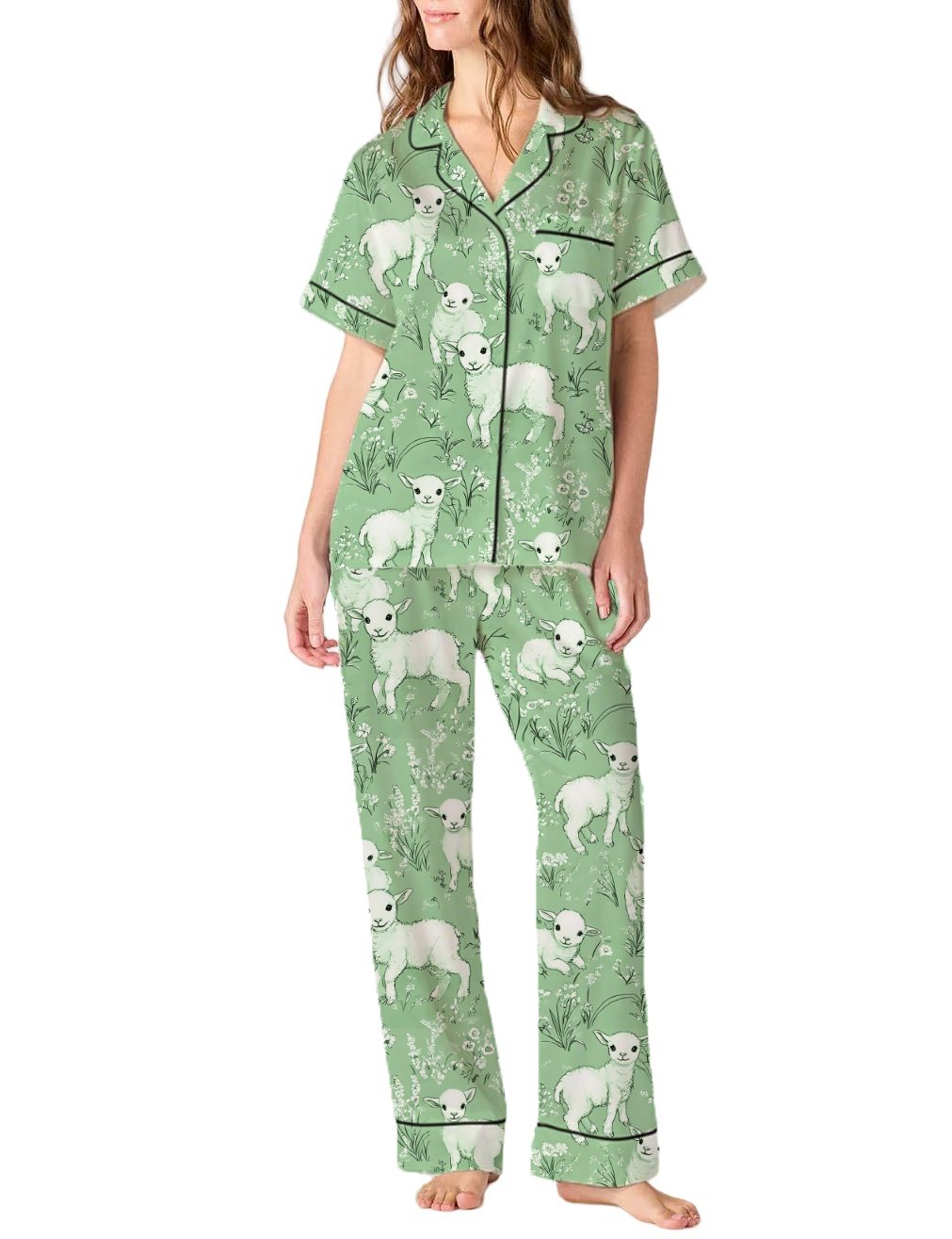 Cute Sheep Animal With Floral Pastoral Toile Satin Pajama Pants Set For Women