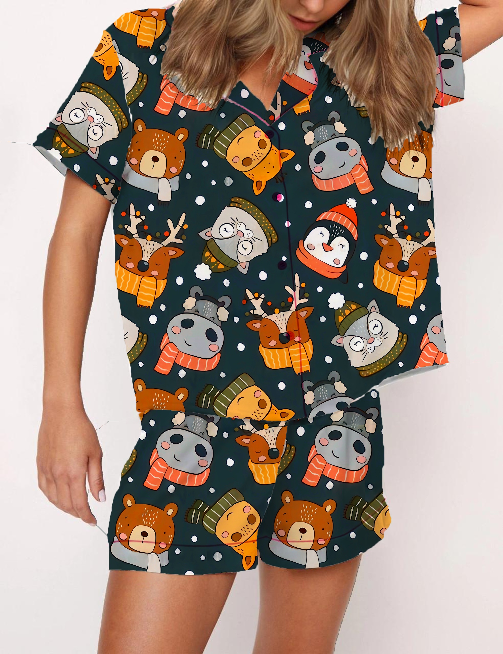 Christmas Cartoon Animals Silky Satin Pajama Short Set For Women