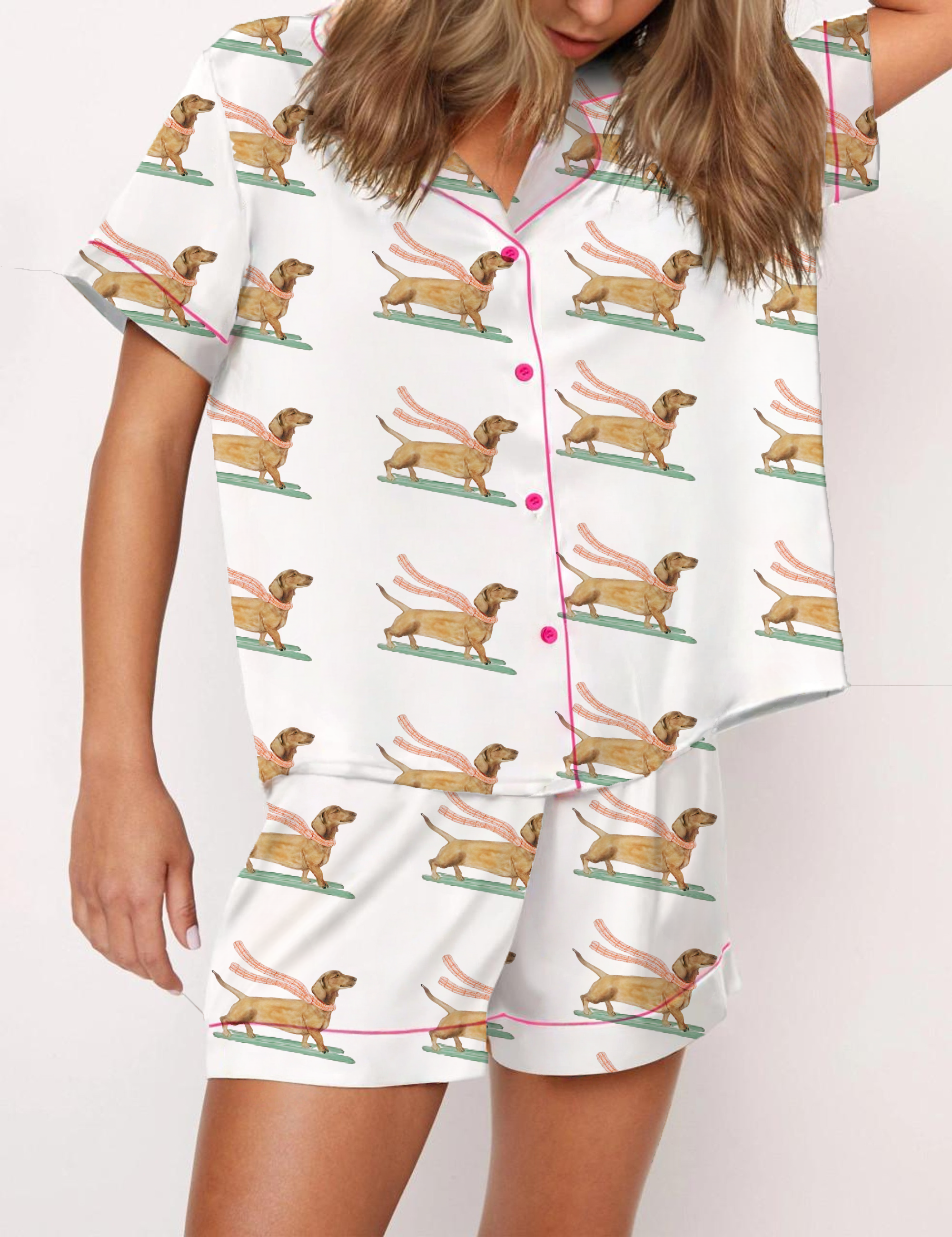 Dachshund Ski Silky Satin Pajama Short Set For Women