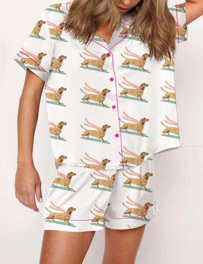 Dachshund Ski Silky Satin Pajama Short Set For Women