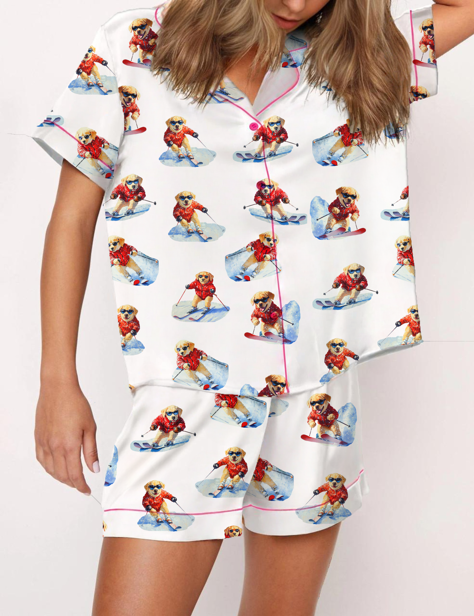 Golden Retriever Ski Silky Satin Pajama Short Set For Women