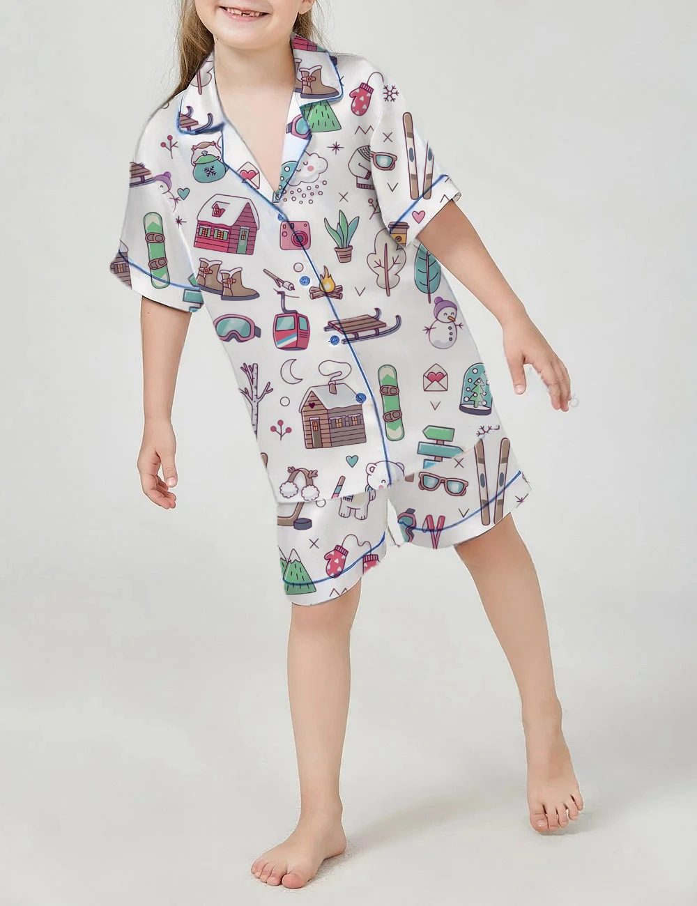Winter Skiing Kid's Short Sleeve  Silky Satin Pajama Set 