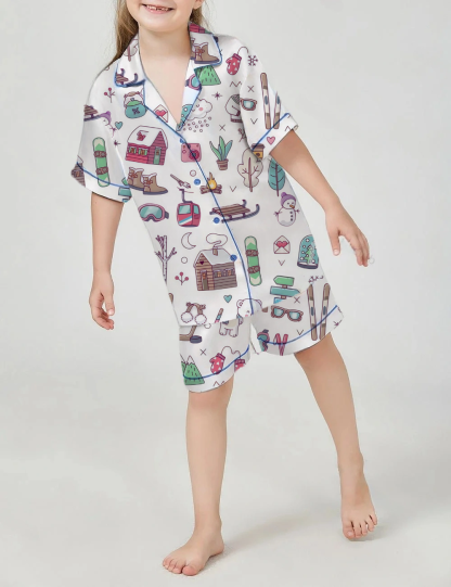 Winter Skiing Kid's Short Sleeve  Silky Satin Pajama Set 