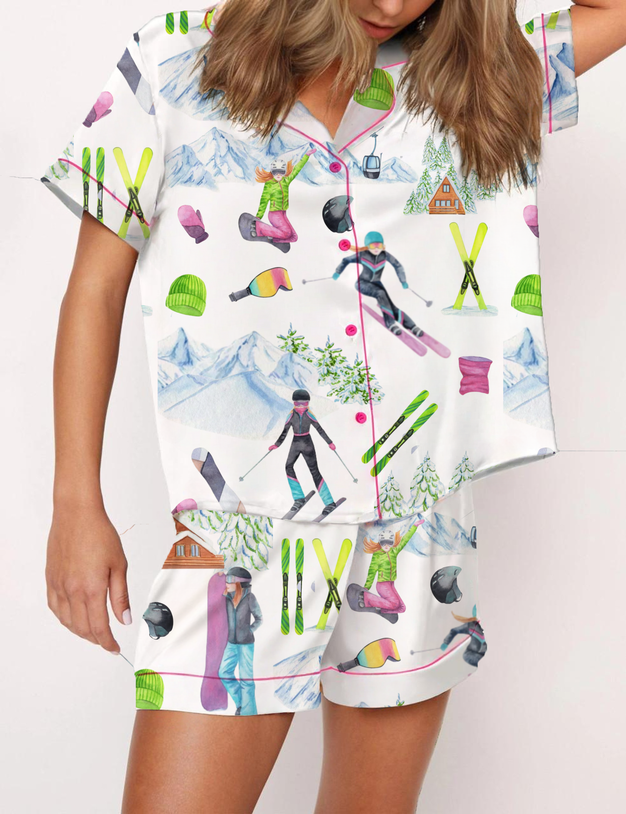 Skiing Theme Ski Silky Satin Pajama Short Set For Women