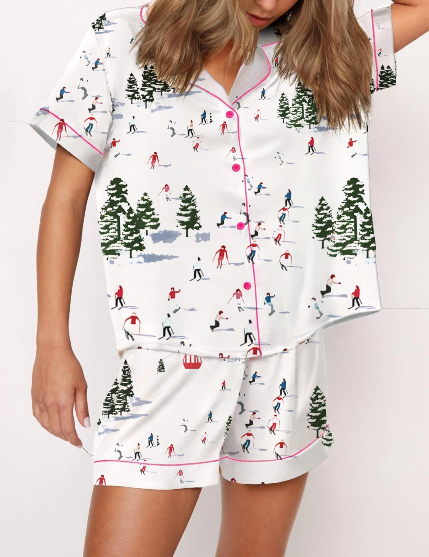 Winter Skiing People Silky Satin Pajama Short Set For Women