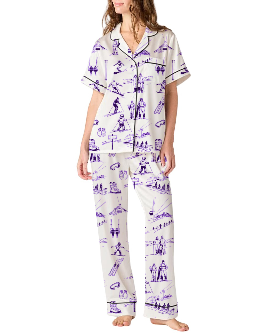 Skiing Life Toile Silky Satin Pajama Pants Set For Women