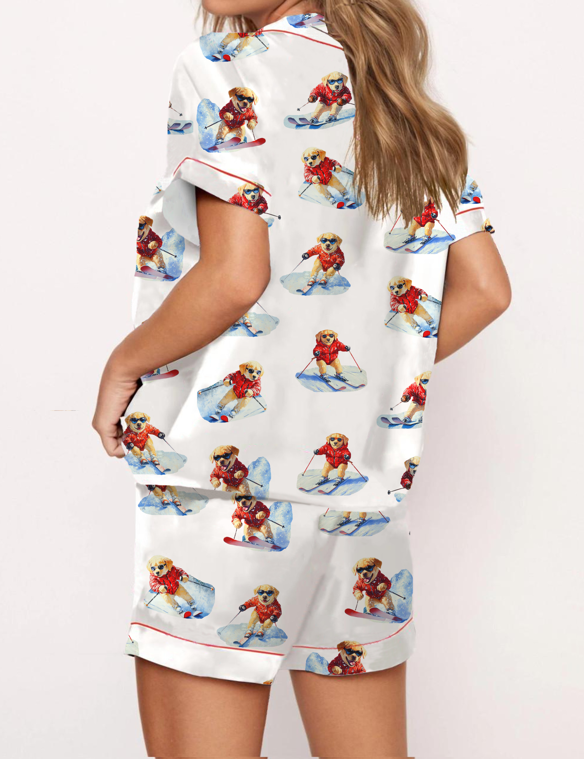 Golden Retriever Ski Silky Satin Pajama Short Set For Women