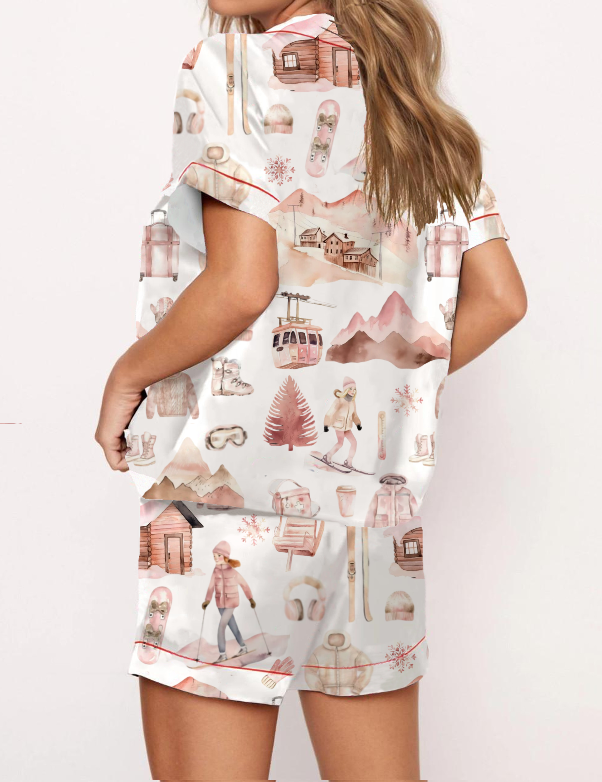 Skiing Theme Silky Satin Pajama Short Set For Women