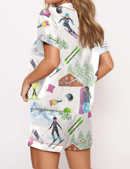 Skiing Theme Ski Silky Satin Pajama Short Set For Women