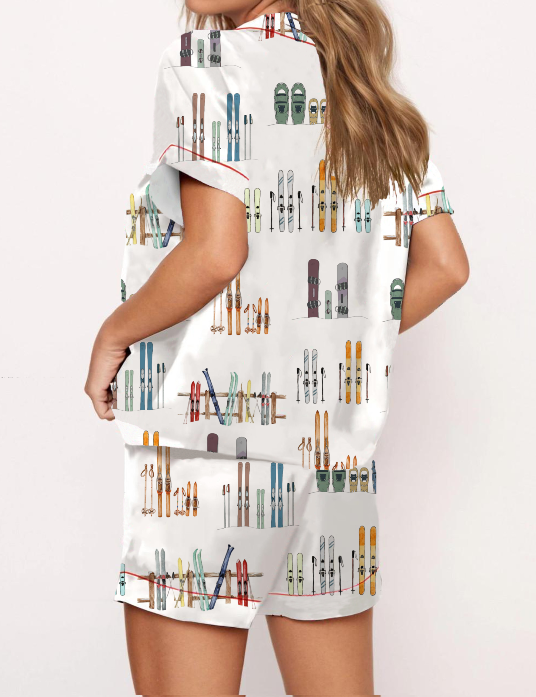 Colorful Ski Silky Satin Pajama Short Set For Women