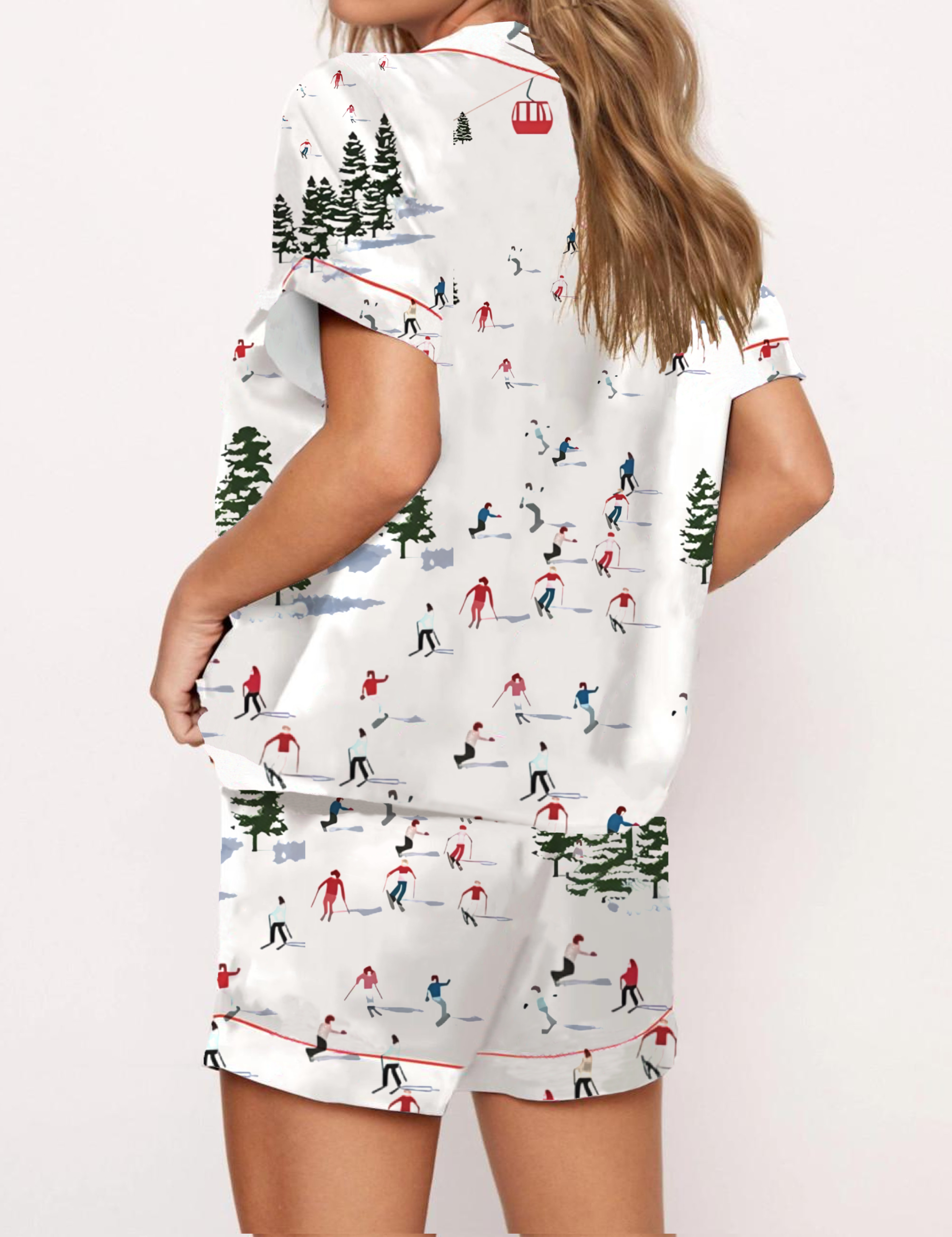 Winter Skiing People Silky Satin Pajama Short Set For Women