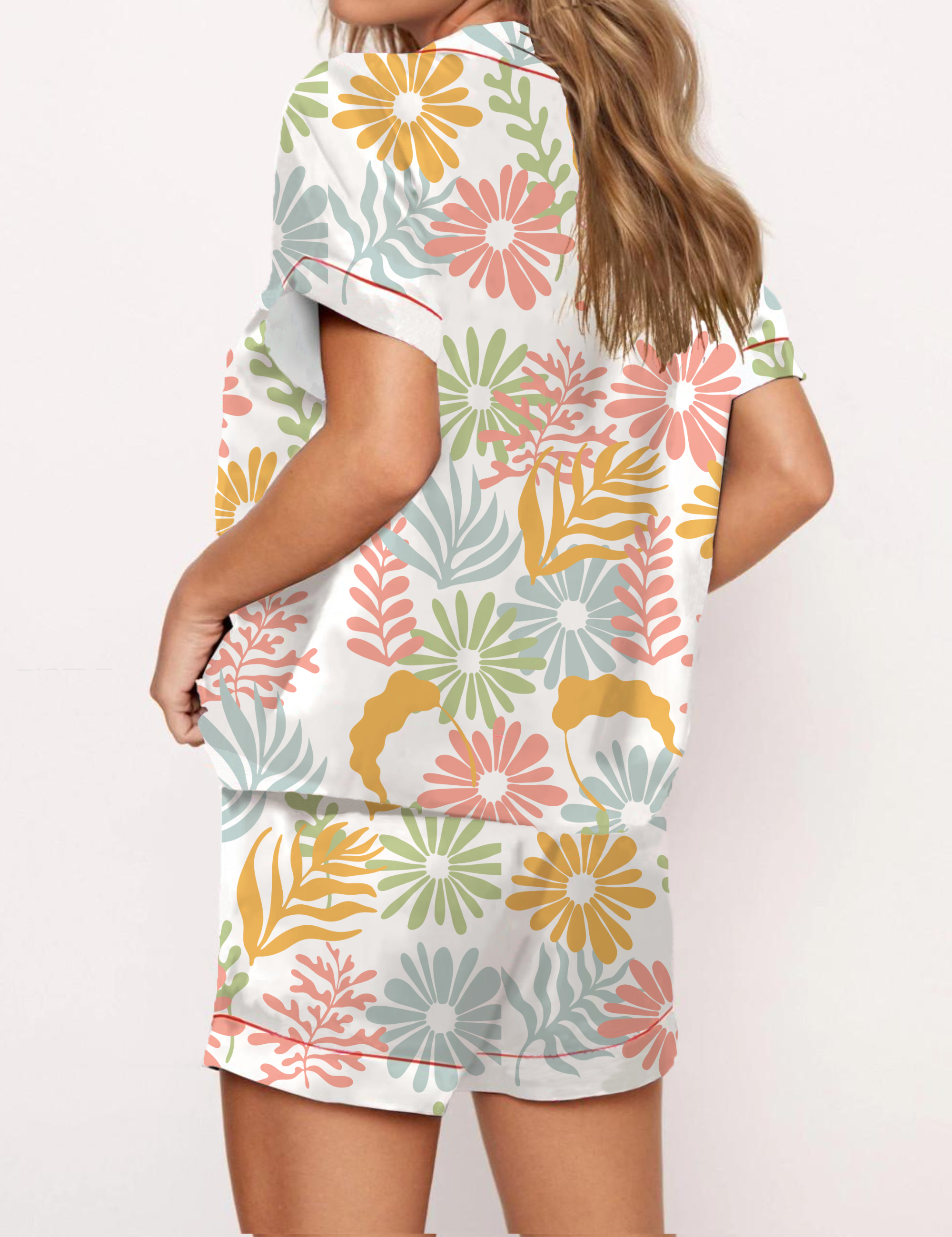 Colorful Floral Silky Satin Pajama Short Set For Women