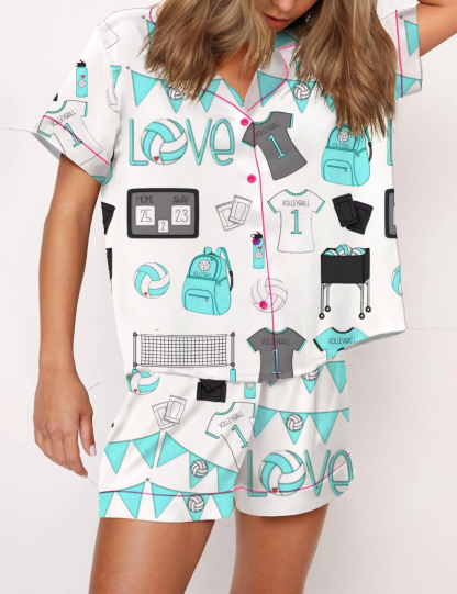 Volleyball Theme Silky Satin Pajama Short Set For Women