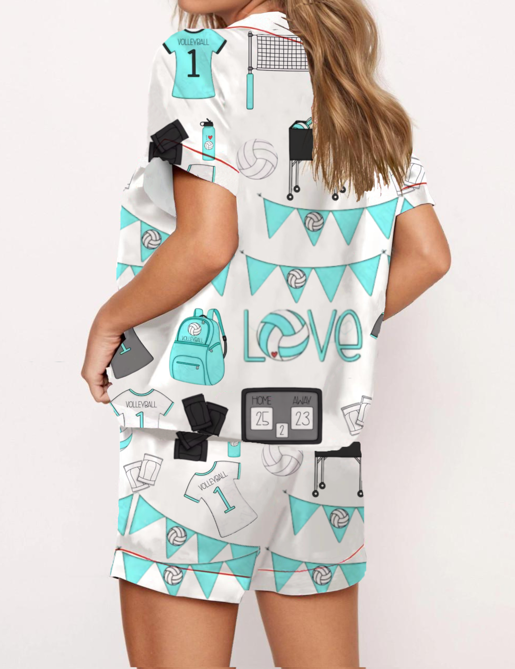 Volleyball Theme Silky Satin Pajama Short Set For Women