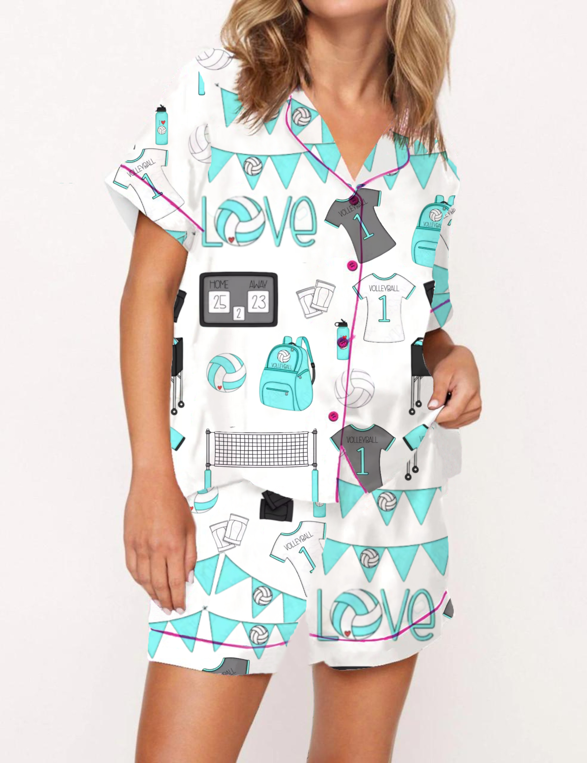 Volleyball Theme Silky Satin Pajama Short Set For Women