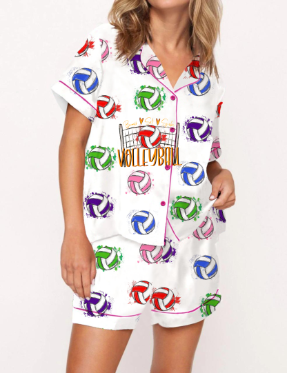 Colorful Volleyball Silky Satin Pajama Short Set For Women