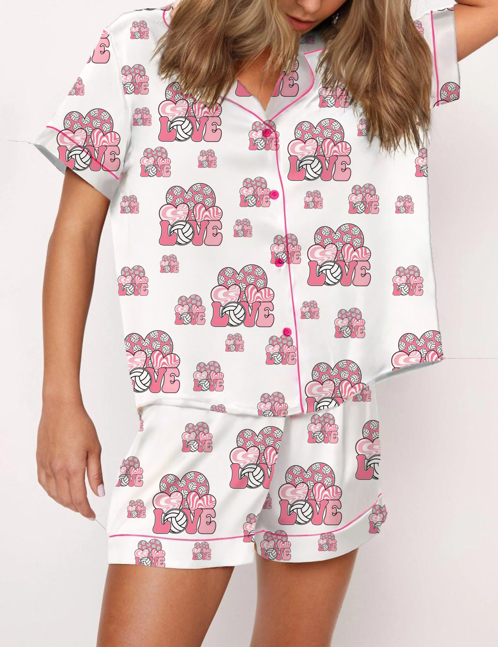 Love Volleyball Silky Satin Pajama Short Set For Women
